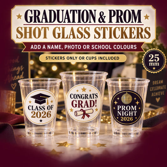 Personalised Graduation Shot Glass Stickers, Class of 2026 Prom Party Labels, Graduate Photo, Cups Optional