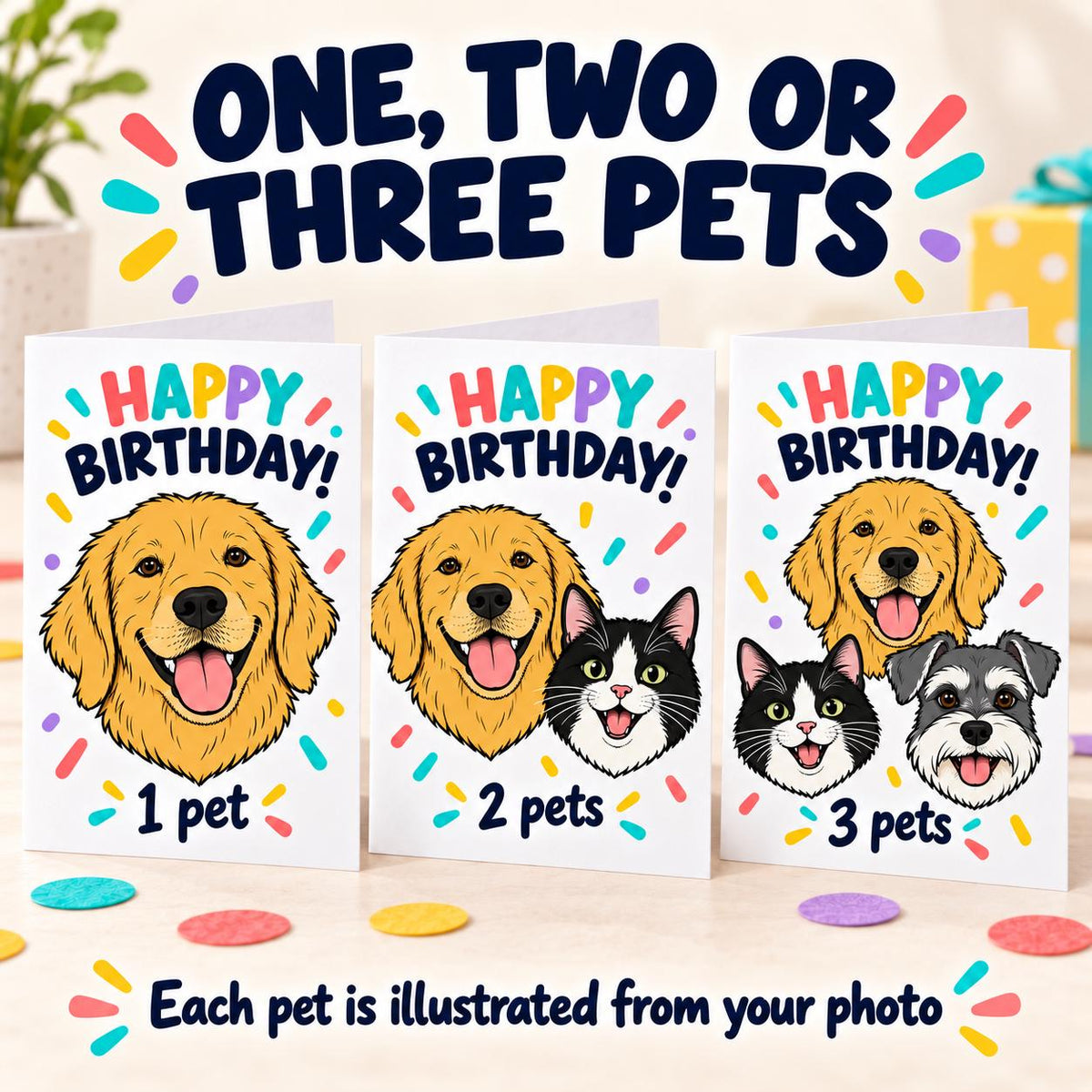 Personalised Pet Birthday Card | drawing from Photo, Custom Illustrated A5 Dog or Cat Portrait Card