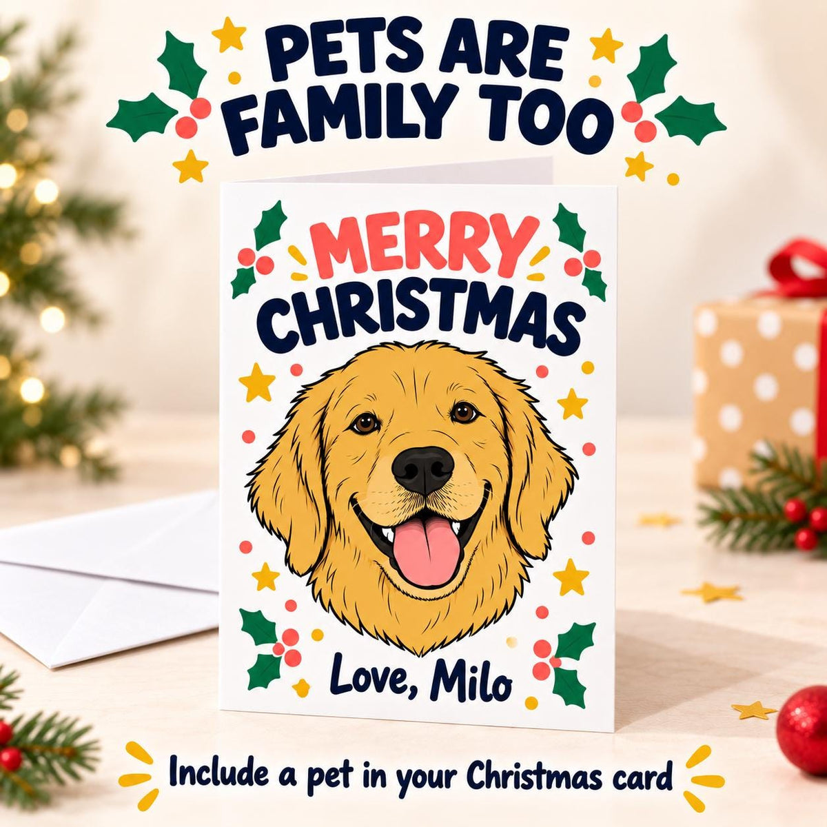 Personalised Illustrated Christmas Card | drawing from Photo, Custom A5 Family or Pet Portrait Xmas Card