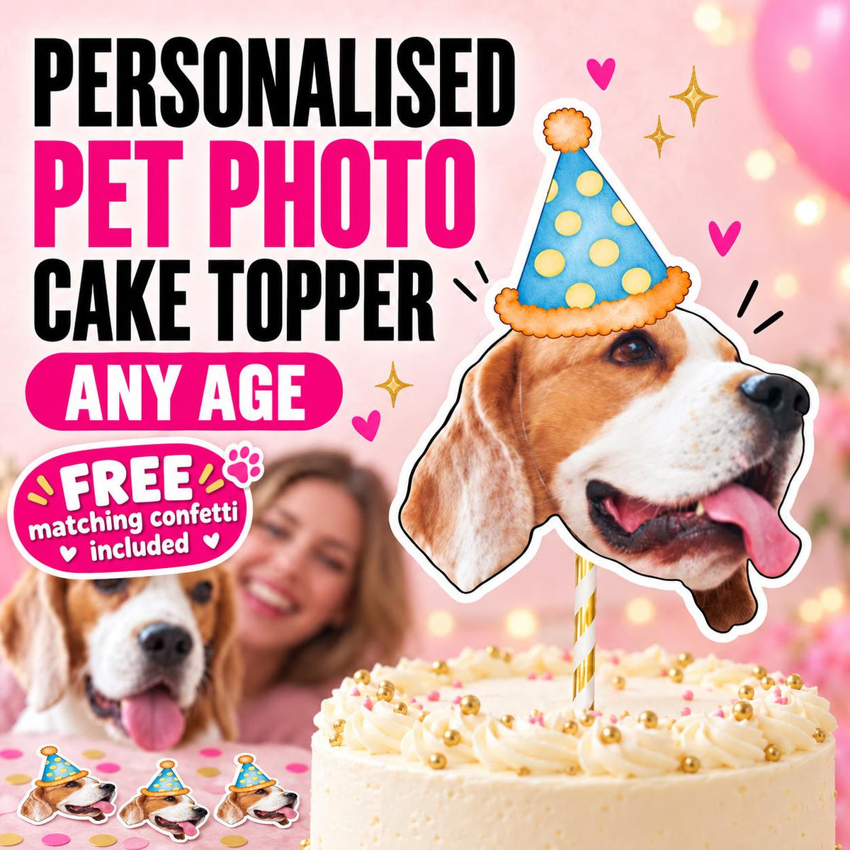 Personalised Pet Birthday Cake Topper, Custom Dog or Cat Photo Face Decoration for Pet Birthday and Gotcha Day Party