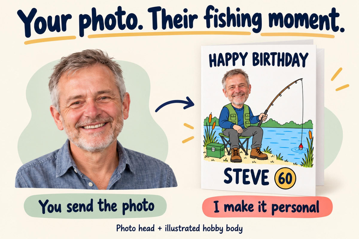 Example portrait photo of Steve beside a finished fishing birthday card, showing how a photo head is added to the illustrated hobby scene.