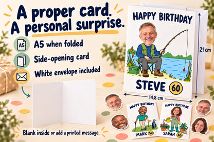 A5 photo-head birthday card measuring 14.8 by 21 cm when closed, with a white envelope and an open card showing the side fold.