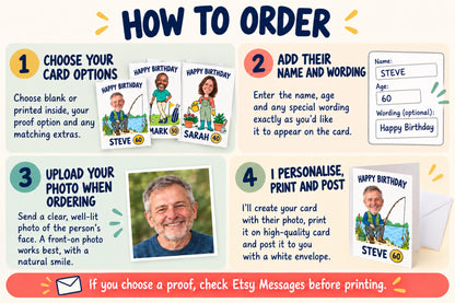 Four ordering steps: choose card options, enter the name and wording, upload a clear photo, and receive a personalised printed card. Optional proofs arrive through Etsy Messages.