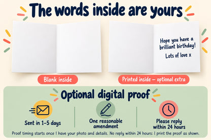 Side-opening cards show a blank inside and an optional printed message. Proof guidance gives 1–5 days, one reasonable amendment and a 24-hour reply window.
