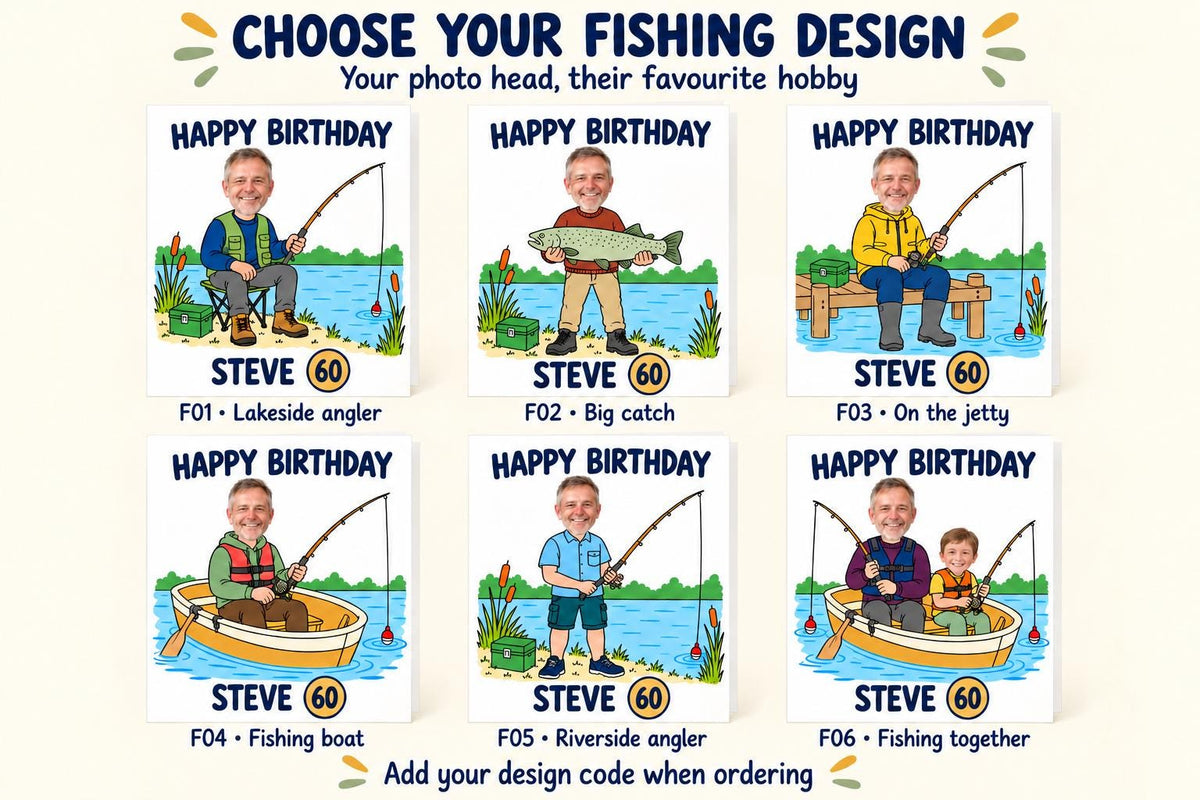 Personalised Fishing Birthday Card | with Photo Head & Name