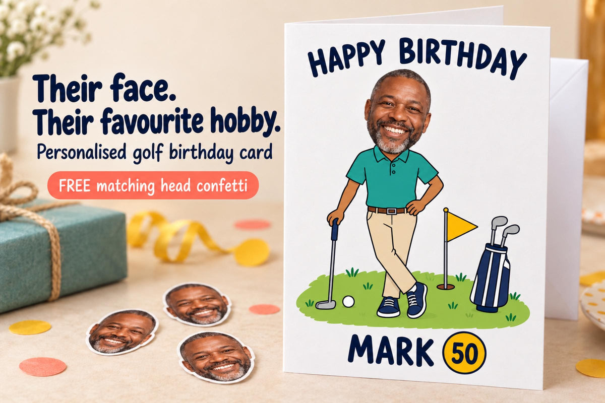 Personalised golf A5 birthday card with Mark's photographic head on a fine-line illustrated hobby body, name and age 50, beside matching free head confetti.