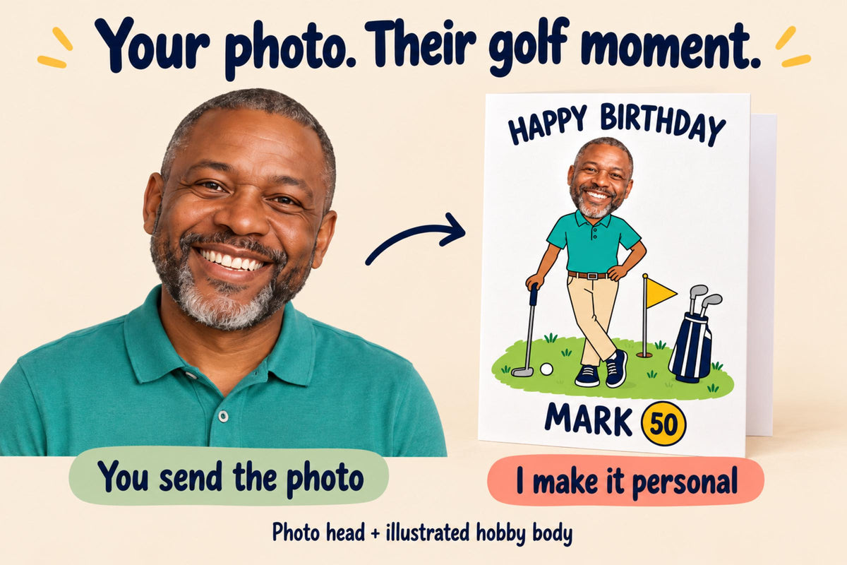 Example portrait photo of Mark beside a finished golf birthday card, showing how a photo head is added to the illustrated hobby scene.
