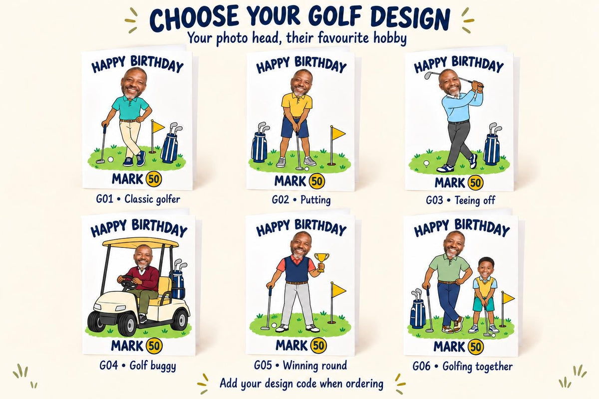 Personalised Golf Birthday Card with Photo Head & Name