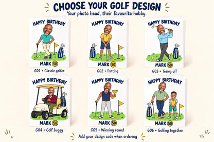 Personalised Golf Birthday Card with Photo Head & Name