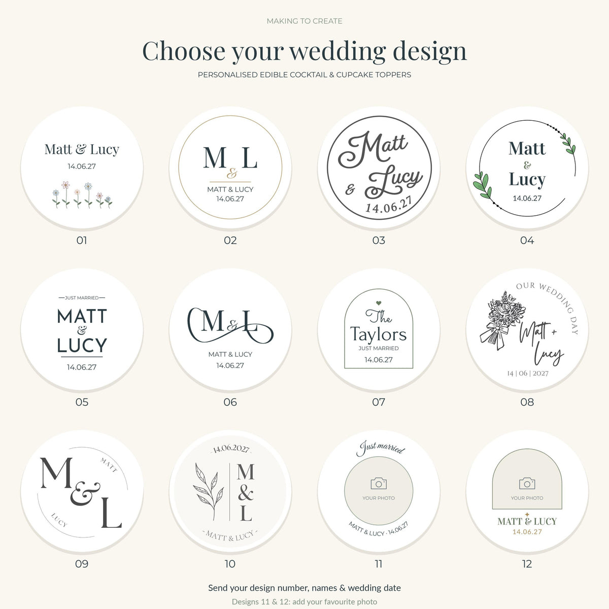 Personalised Wildflower Wedding Cocktail Toppers | Edible Wafer Decorations