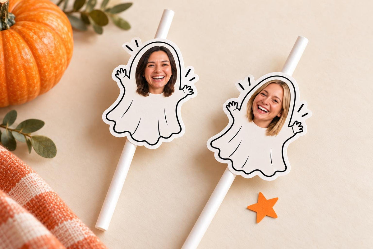 Personalised Halloween Ghost Photo Straws | Custom Face Drink Toppers