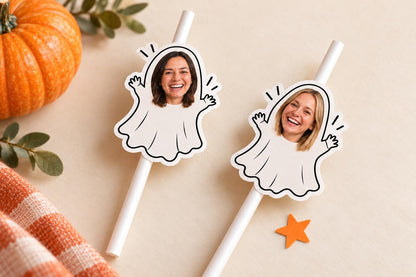 Personalised Halloween Ghost Photo Straws | Custom Face Drink Toppers