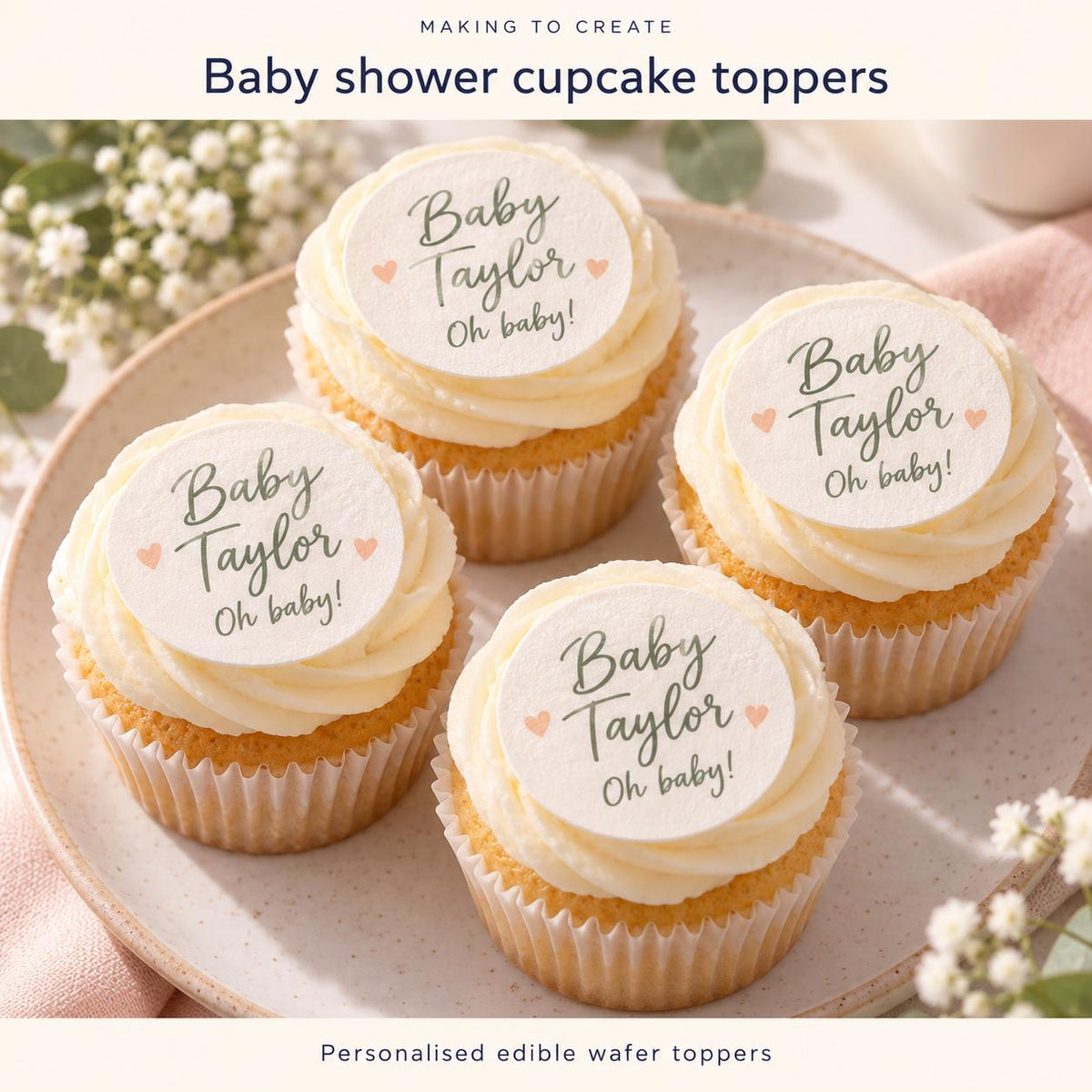 Personalised Baby Shower Cupcake Toppers | Custom Edible Wafer Circles