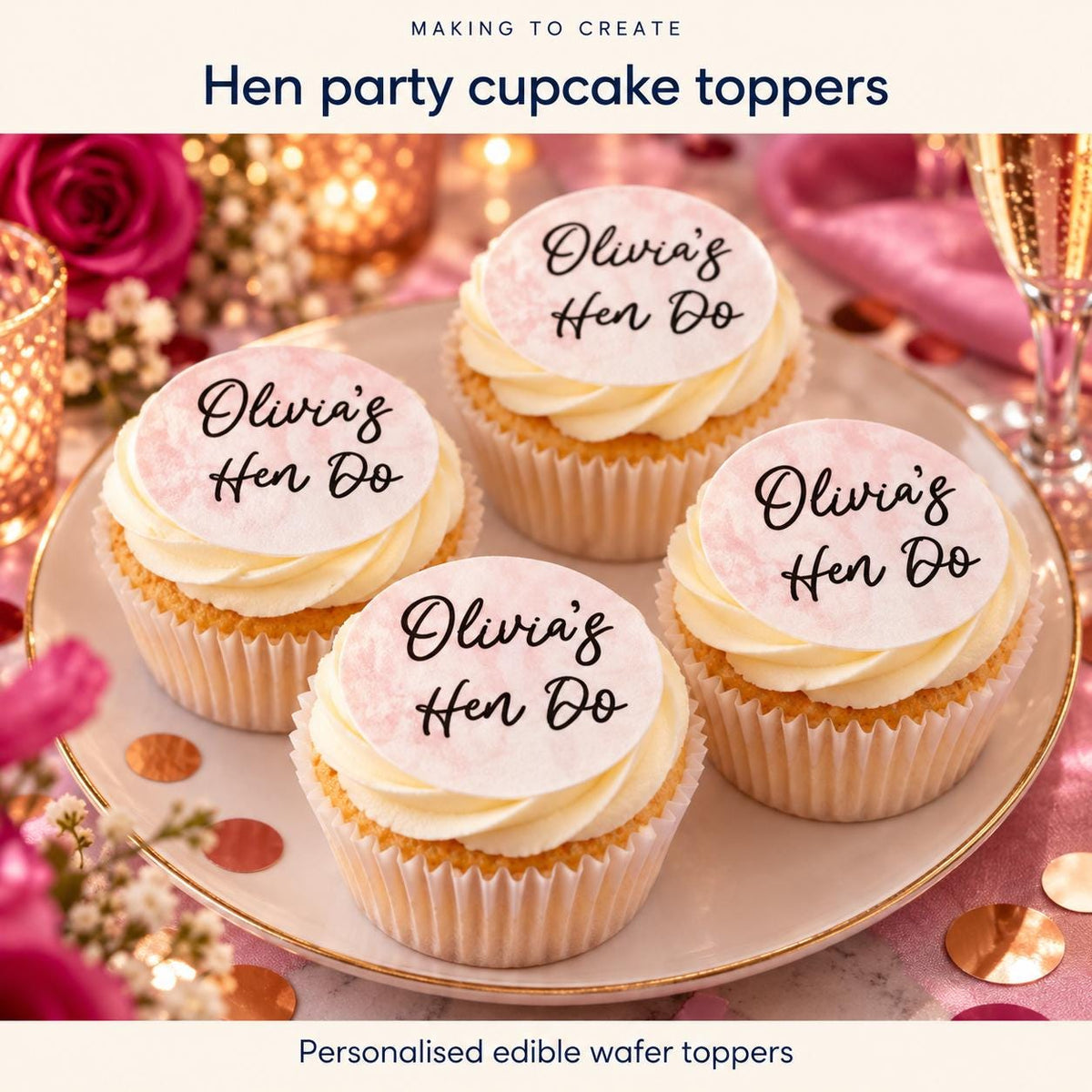 Personalised Hen Do Cupcake Toppers | Edible Wafer Circles