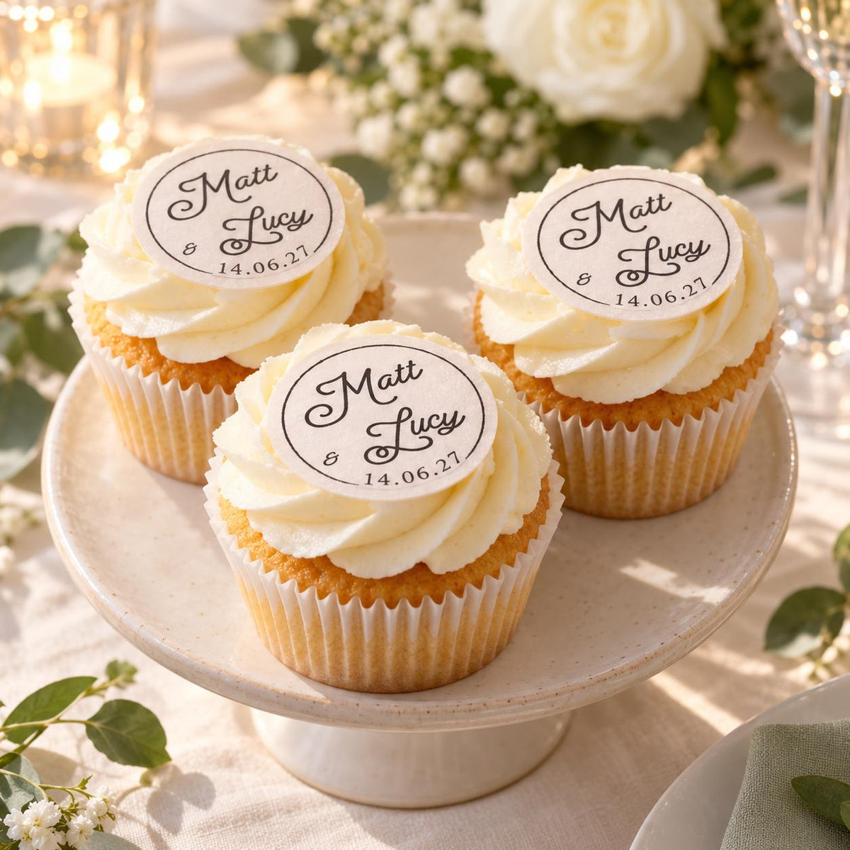 Personalised Wedding Cupcake Toppers | Edible Wafer Circles