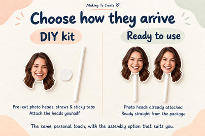 DIY kit with a loose photo head, white straw and adhesive tab beside assembled photo head straws ready to use.