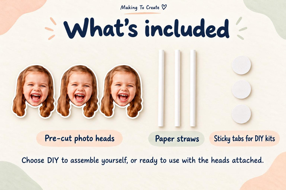 Set contents: pre-cut photo head toppers, paper straws and adhesive sticky tabs for DIY kits.