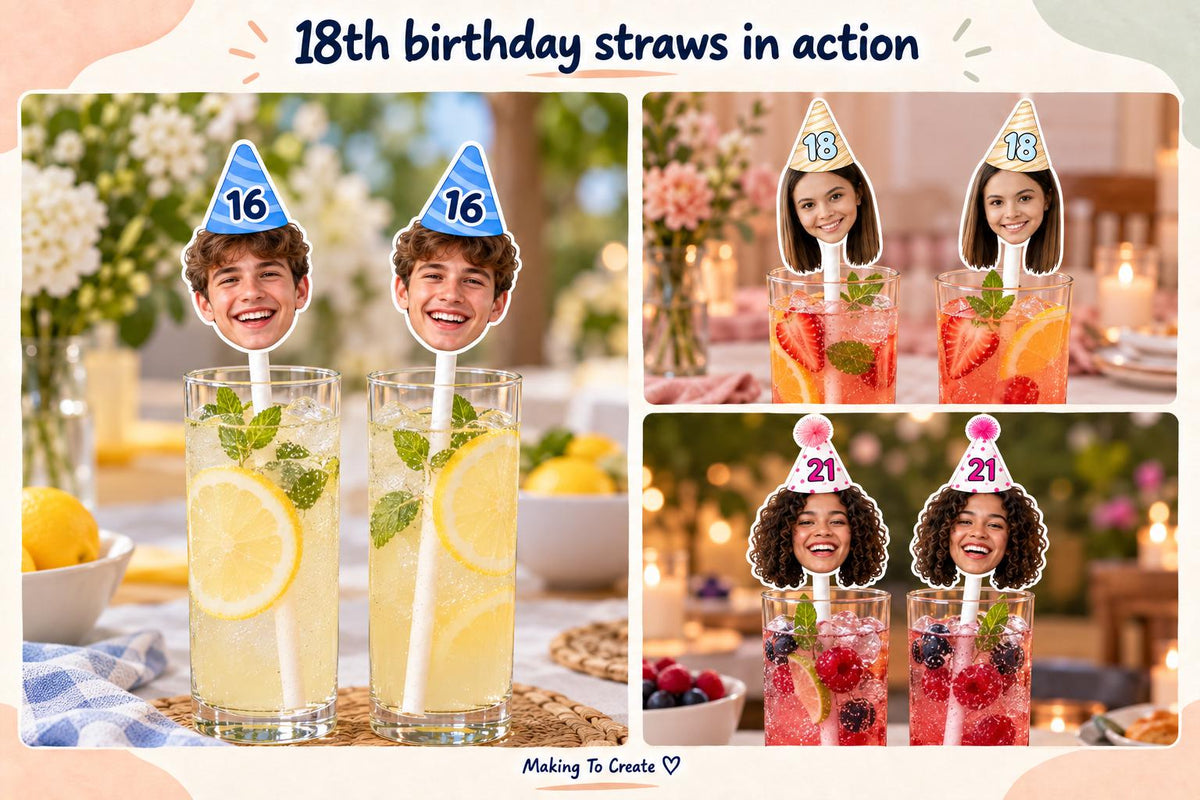 Three styled 18th birthday photo straw examples in tall drinks glasses, displayed on a cream and muted peach gallery page.