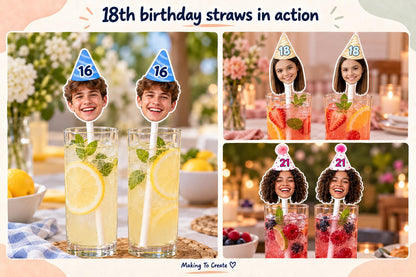 Three styled 18th birthday photo straw examples in tall drinks glasses, displayed on a cream and muted peach gallery page.
