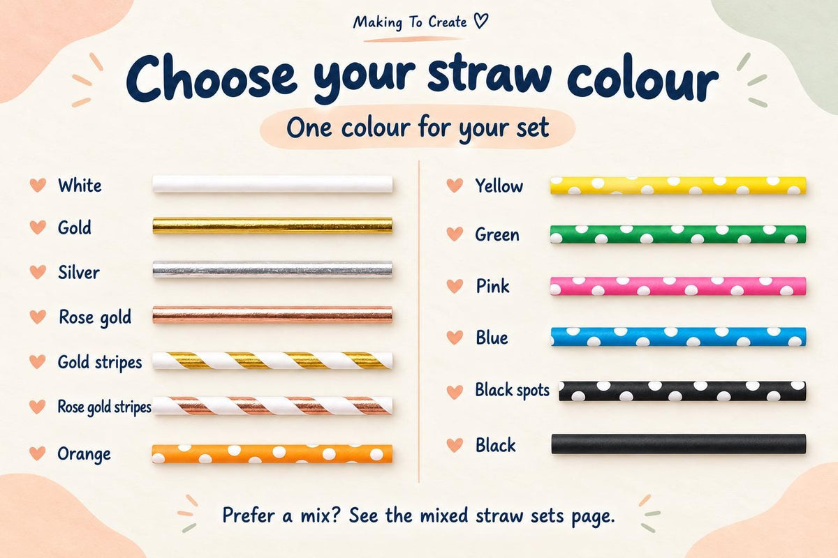 Individual paper straw colour and pattern choices, including white, metallic finishes, stripes, coloured dots and black.