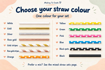 Individual paper straw colour and pattern choices, including white, metallic finishes, stripes, coloured dots and black.