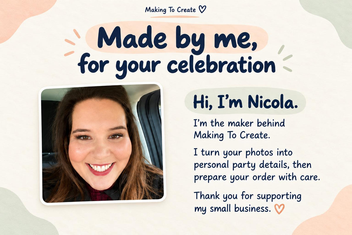 Nicola’s portrait beside an introduction to Making To Create and a thank-you message for supporting her small business.