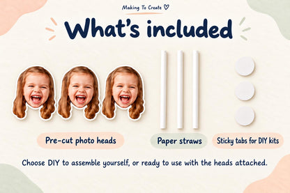 Set contents: pre-cut photo head toppers, paper straws and adhesive sticky tabs for DIY kits.