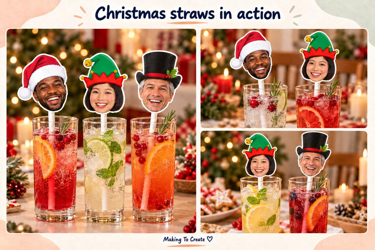 Three styled christmas photo straw examples in tall drinks glasses, displayed on a cream and muted peach gallery page.