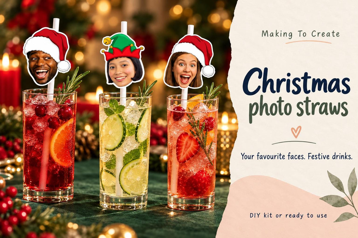 Personalised christmas photo head straws on white paper straws in tall drinks glasses, with Making To Create product wording.
