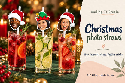Personalised christmas photo head straws on white paper straws in tall drinks glasses, with Making To Create product wording.