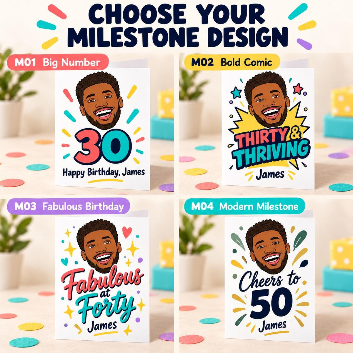Personalised Milestone Birthday Card | drawing from Photo, Illustrated A5 Custom Face Card for Any Age, Funny Caricature Gift
