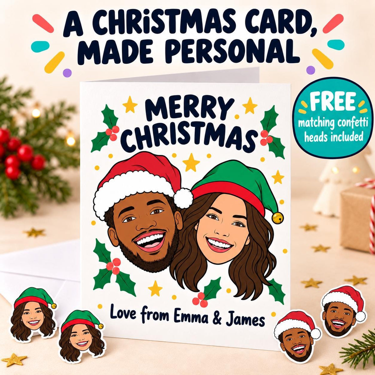 Personalised Illustrated Christmas Card | drawing from Photo, Custom A5 Family or Pet Portrait Xmas Card
