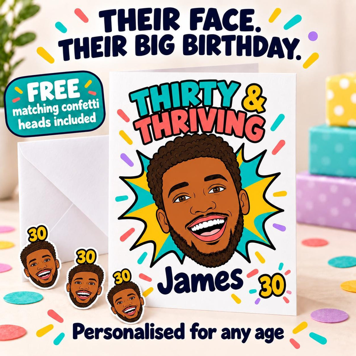 Personalised Milestone Birthday Card | drawing from Photo, Illustrated A5 Custom Face Card for Any Age, Funny Caricature Gift
