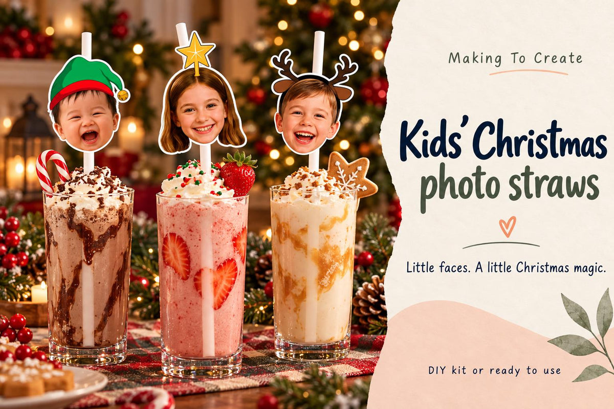 Personalised kids' christmas photo head straws on white paper straws in tall drinks glasses, with Making To Create product wording.