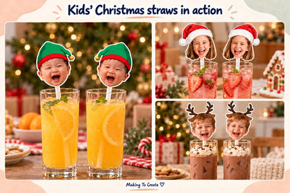 Three styled kids' christmas photo straw examples in tall drinks glasses, displayed on a cream and muted peach gallery page.