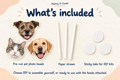 Set contents: pre-cut photo head toppers, paper straws and adhesive sticky tabs for DIY kits.