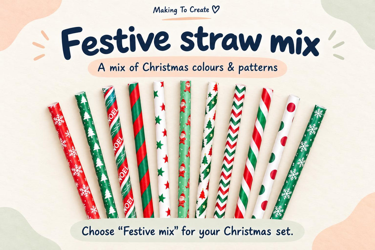 Festive mix paper straw option with red, green and white Christmas patterns, including stripes, dots, snowflakes and trees.