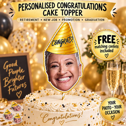Personalised Retirement Cake Topper, Custom Photo Face Topper, Congratulations, New Job, Promotion or Graduation Party Decoration