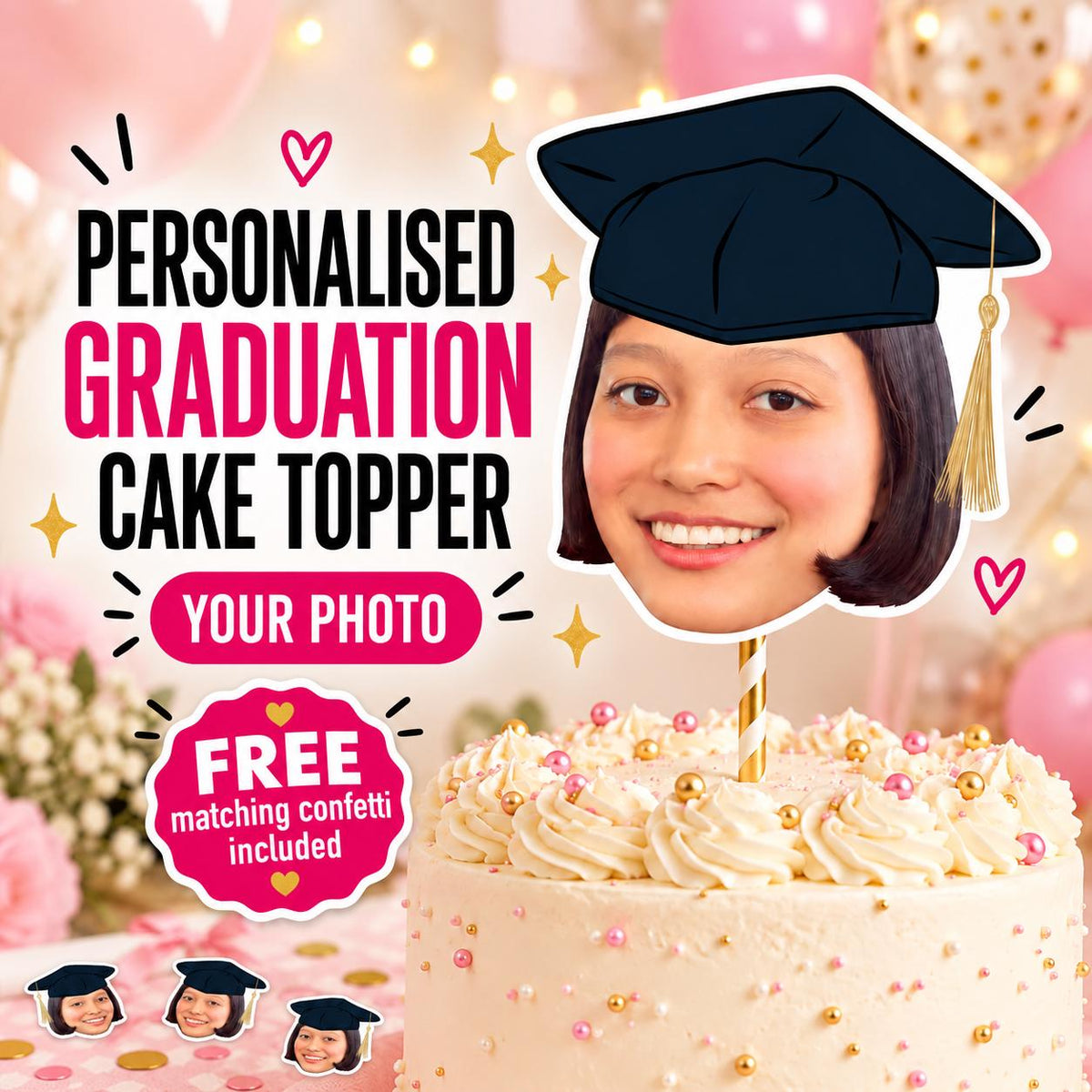 Personalised Graduation Cake Topper, Custom Photo Face Decoration With Graduation Cap for School College or University Party