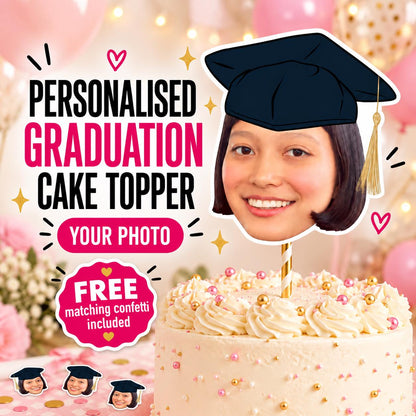 Personalised Graduation Cake Topper, Custom Photo Face Decoration With Graduation Cap for School College or University Party