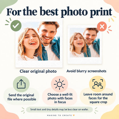 Comparison of wafer paper at 0.35 mm and wafer card at 0.65 mm for personalised edible photo toppers.