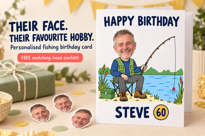Personalised fishing A5 birthday card with Steve's photographic head on a fine-line illustrated hobby body, name and age 60, beside matching free head confetti.