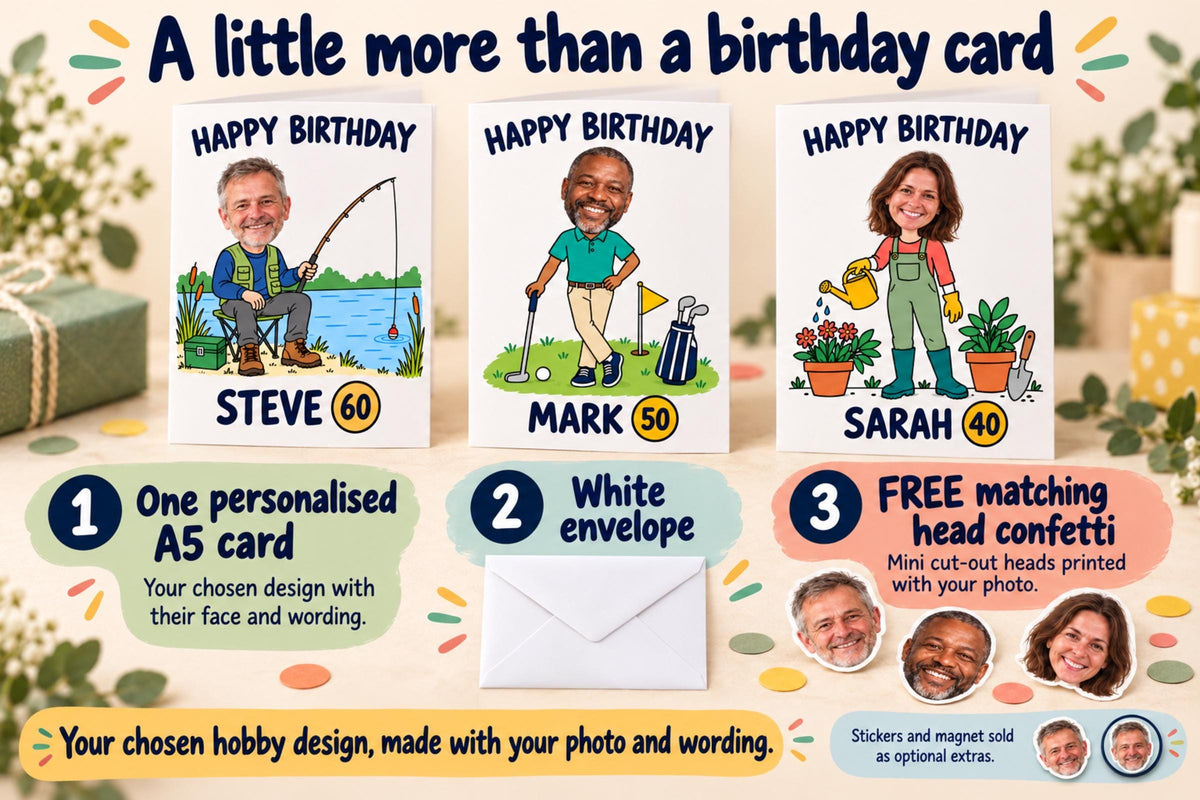 Fishing, golf and gardening birthday card examples with a white envelope and white-bordered photo-head confetti. Each order includes one personalised A5 card in the chosen design.