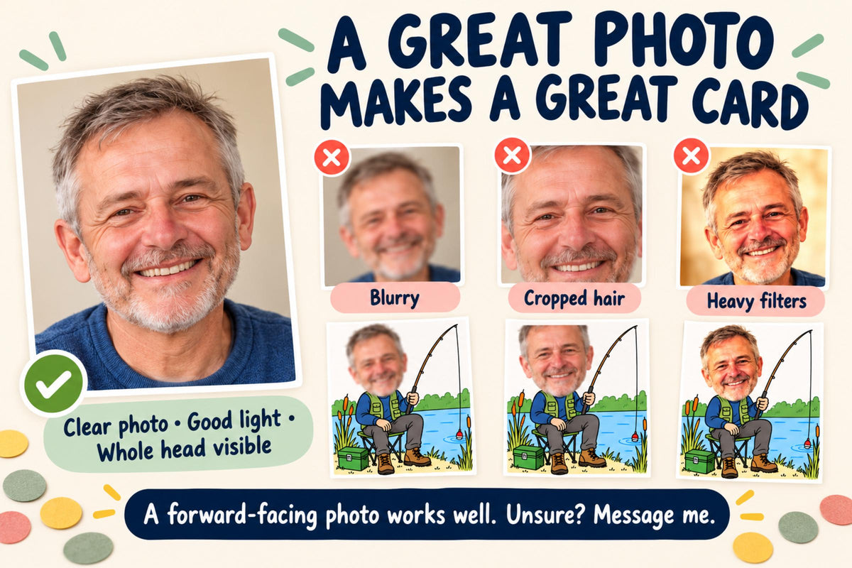 Photo guide comparing a clear, well-lit full-head portrait with blurry, cropped and heavily filtered photo examples.