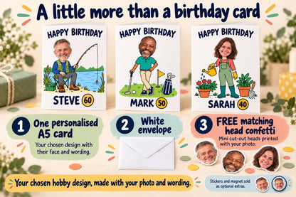Fishing, golf and gardening birthday card examples with a white envelope and white-bordered photo-head confetti. Each order includes one personalised A5 card in the chosen design.