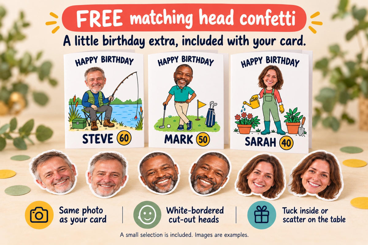Free matching photo-head paper confetti with white cut-out borders, beside fishing, golf and gardening birthday card examples.