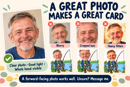 Photo guide comparing a clear, well-lit full-head portrait with blurry, cropped and heavily filtered photo examples.