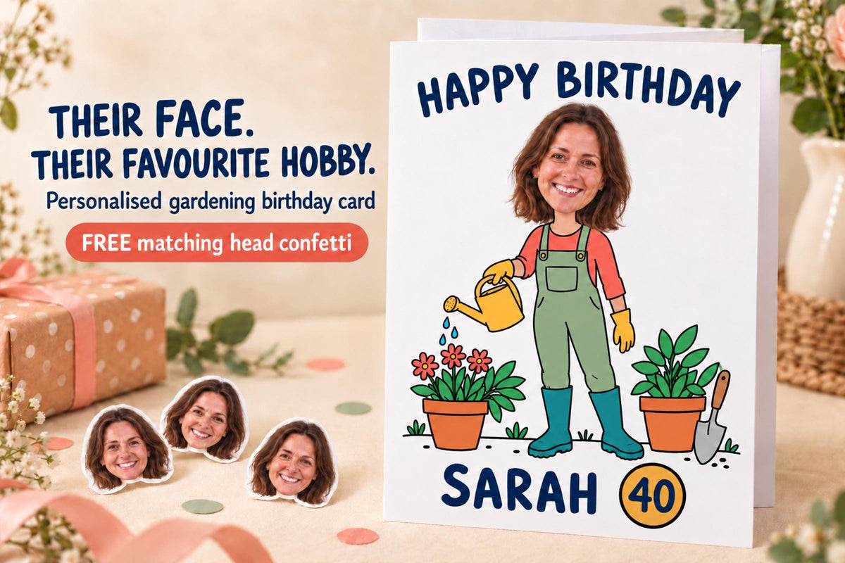 Personalised gardening A5 birthday card with Sarah's photographic head on a fine-line illustrated hobby body, name and age 40, beside matching free head confetti.