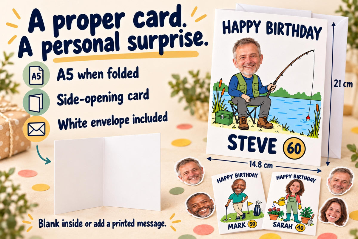 A5 photo-head birthday card measuring 14.8 by 21 cm when closed, with a white envelope and an open card showing the side fold.
