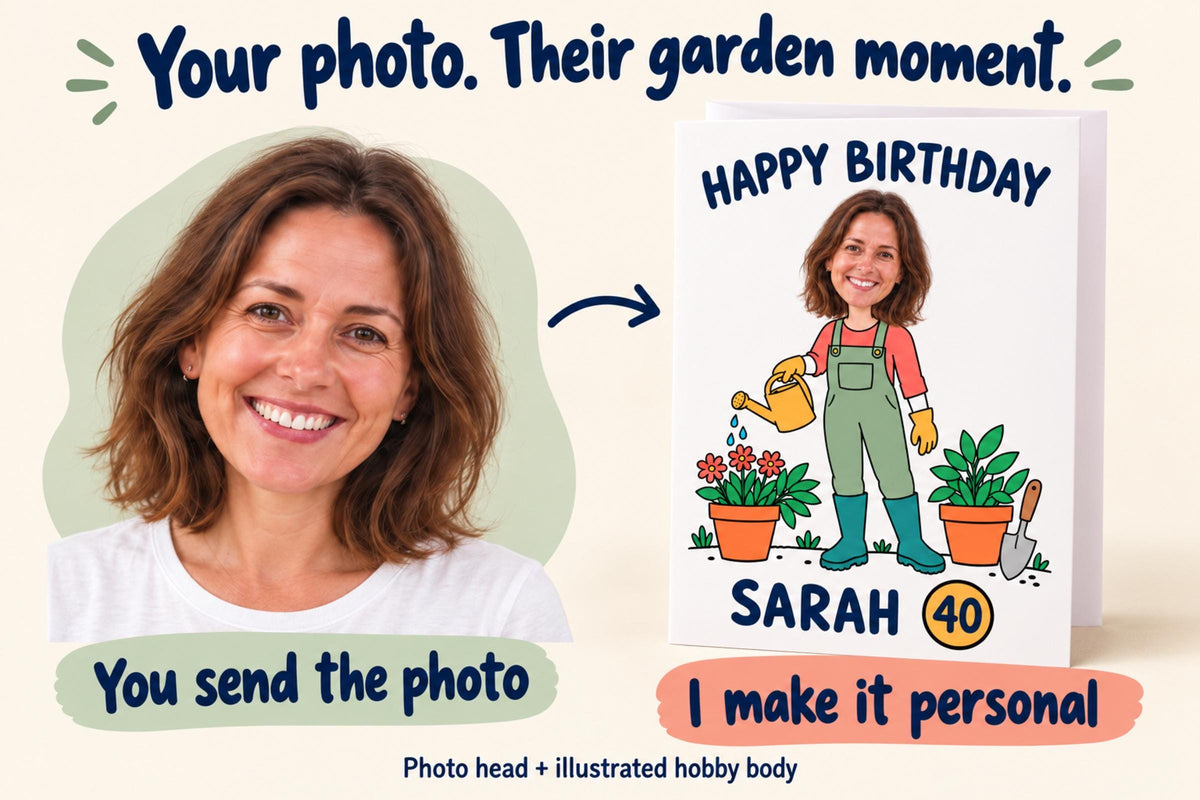 Example portrait photo of Sarah beside a finished gardening birthday card, showing how a photo head is added to the illustrated hobby scene.
